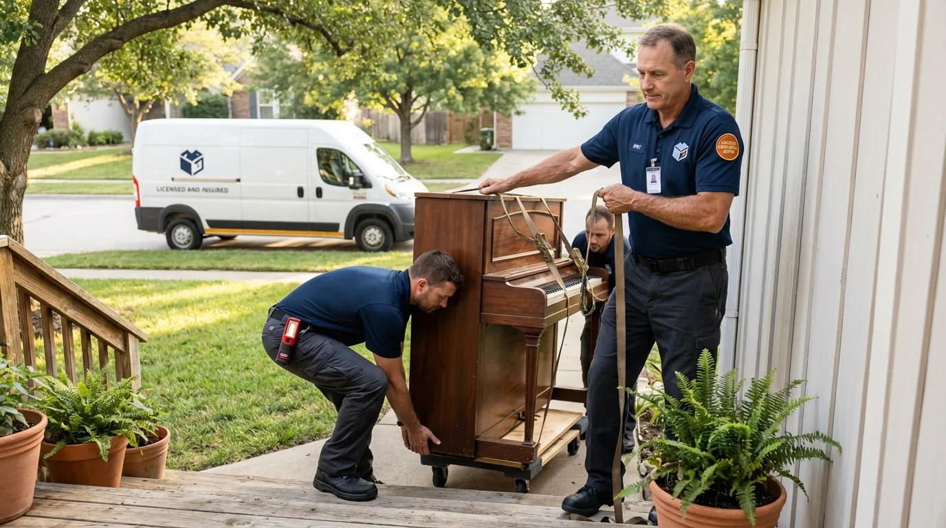 Licensed piano movers securing grand piano in Capron, IL