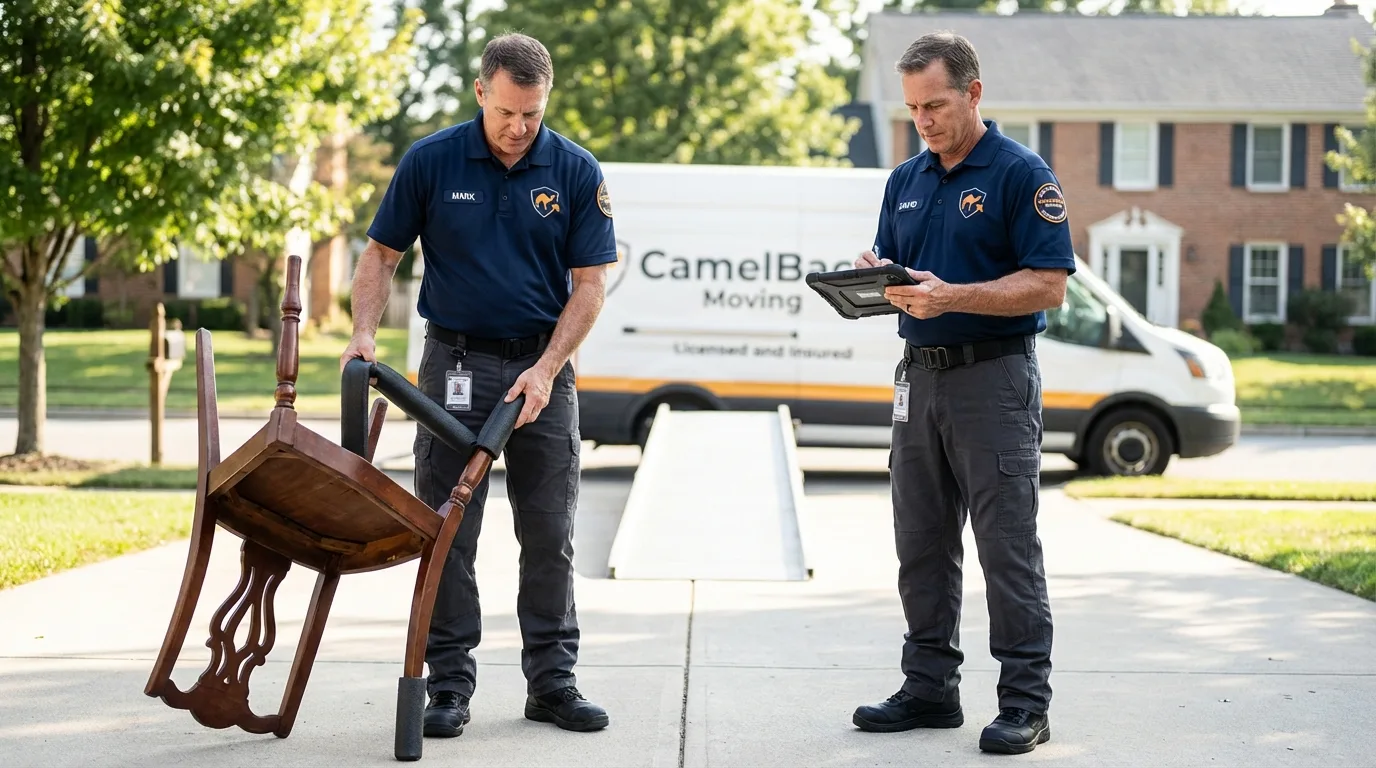 Movers inspecting furniture for damage prevention before loading in Capron, IL