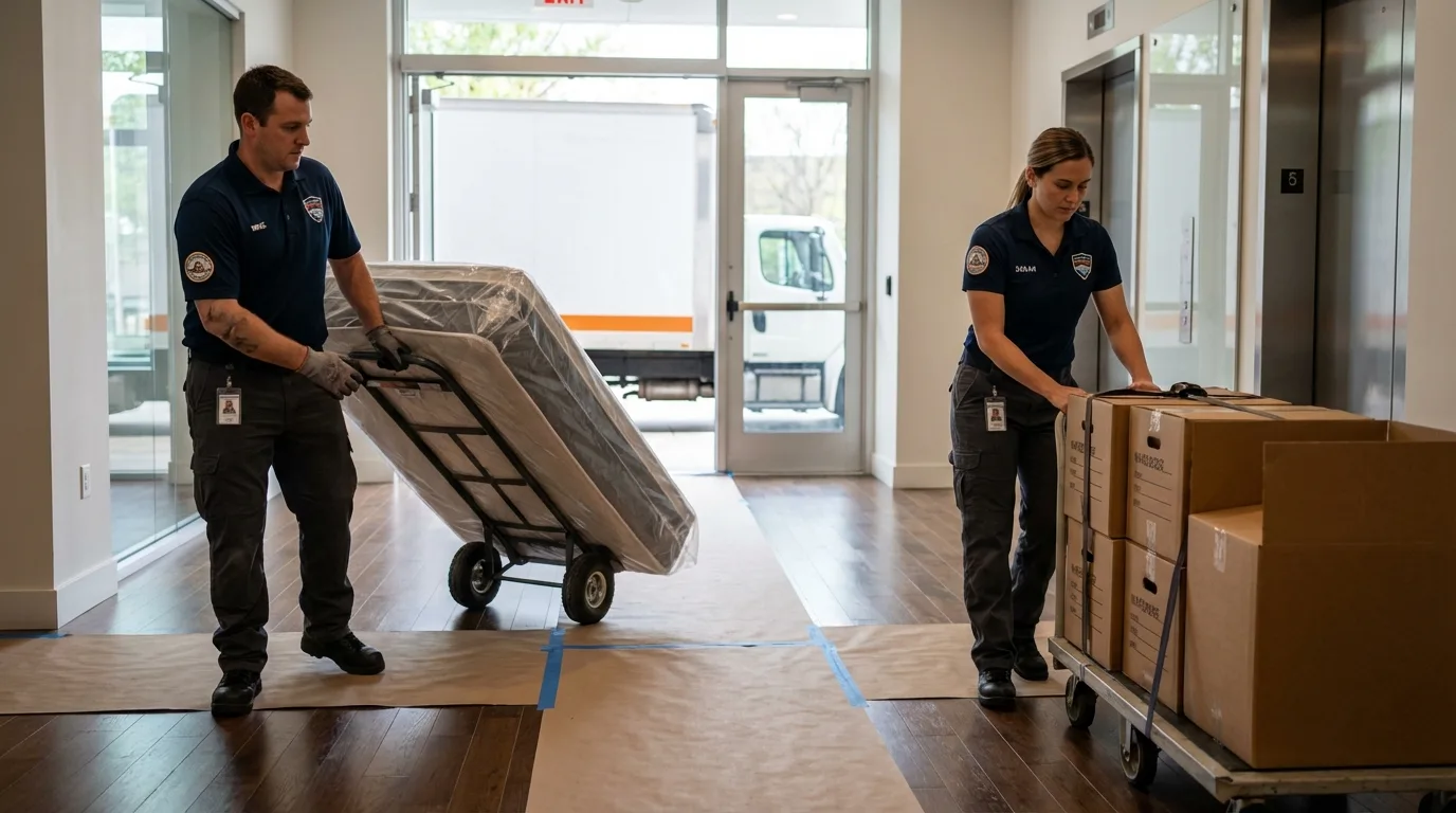 Professional apartment movers loading elevator in Capron, IL